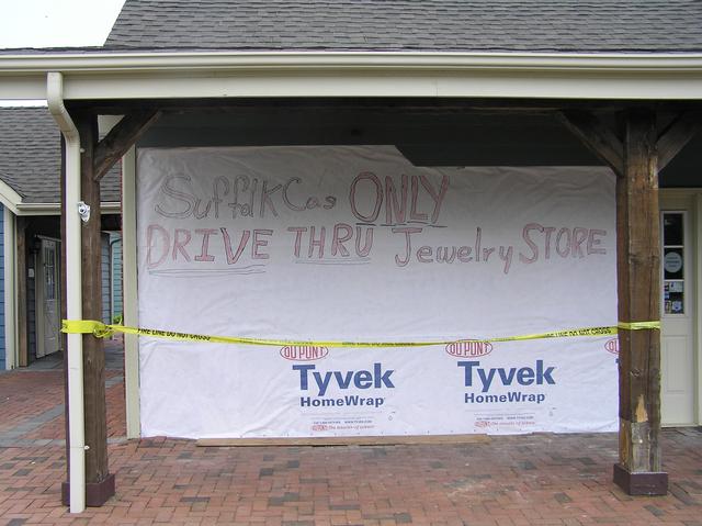 Someone drove their car through Roberts Jewelry Store in Southold.  Owner, Bob Scott, is never one to miss a marketing opportunity!